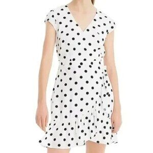 J Crew Polka Dots Faux Wrap Dress‎ Womens 6P Ruffled Front V Neck White Black